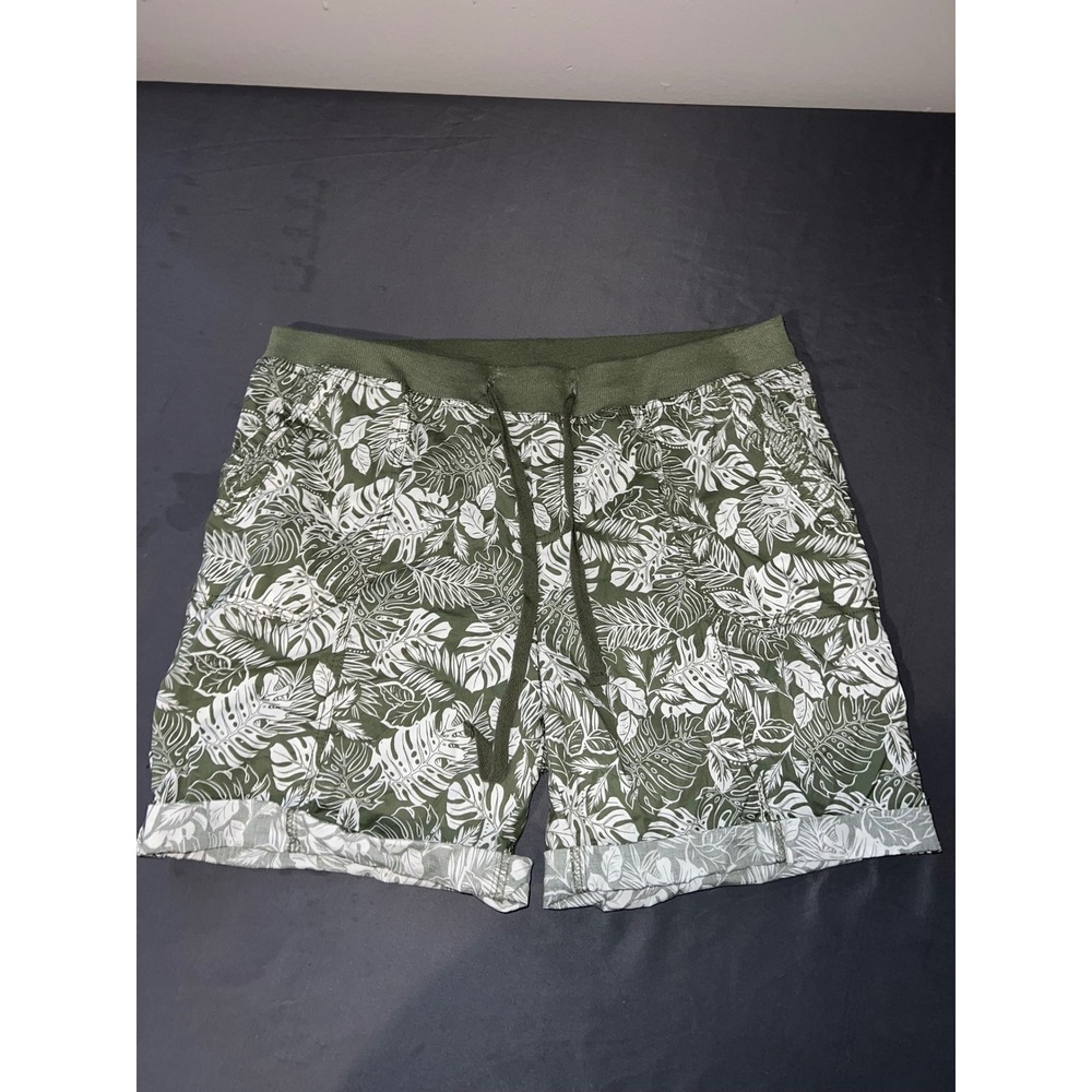 Palm Rio Shorts Womens Large Green Good Tropical Monstera Leaf Drawstring Cuffed